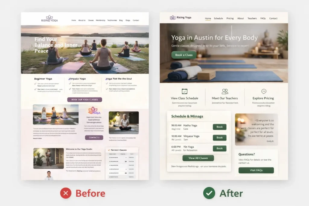 Before-and-after comparison of a yoga studio website homepage showing a cluttered layout on one side and a clean, conversion-focused yoga studio website design on the other.