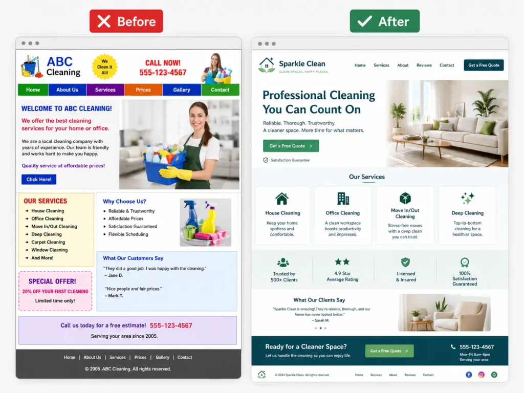 Before and after small business website redesign showing improved branding, cleaner layout, stronger trust signals, and clearer call-to-action buttons.