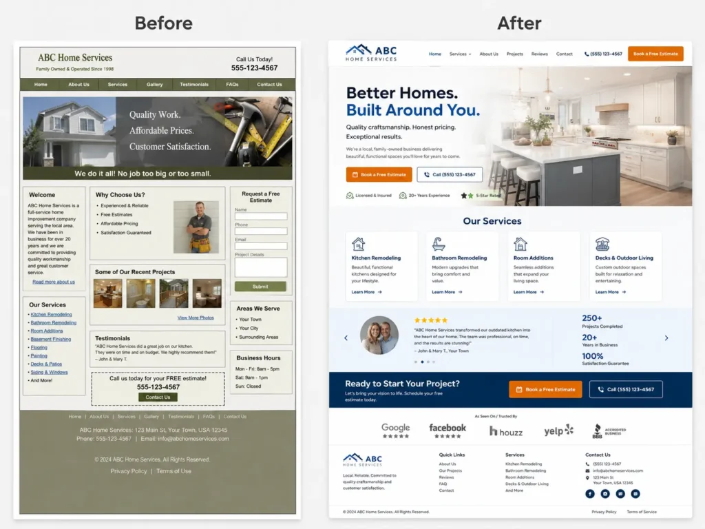 Before and after website redesign showing an outdated homepage changed into a modern conversion-focused homepage for a small business.