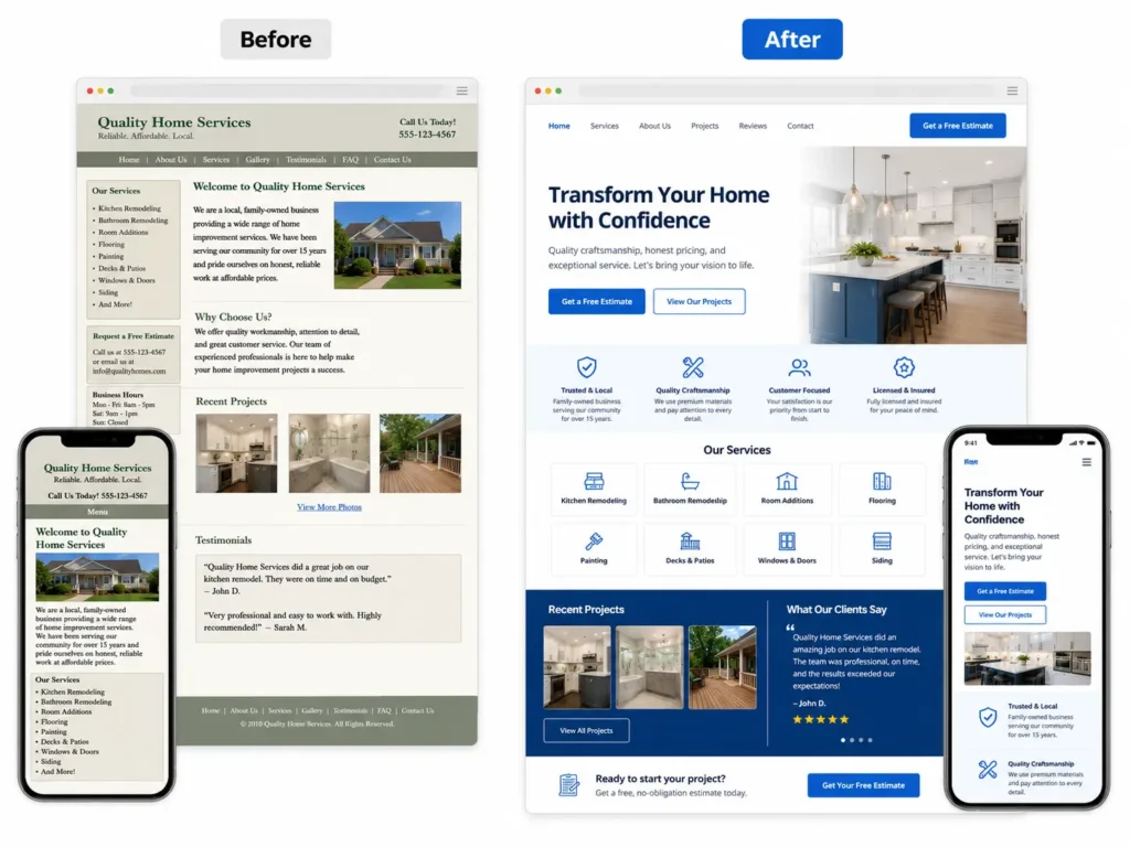 Before and after website redesign showing an outdated page beside a clean mobile-friendly layout for small business website help.