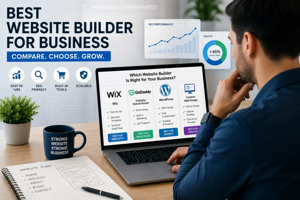 Business owner comparing the best website builder for business, including Wix, GoDaddy, WordPress, and custom web designBusiness owner comparing the best website builder for business, including Wix, GoDaddy, WordPress, and custom web design