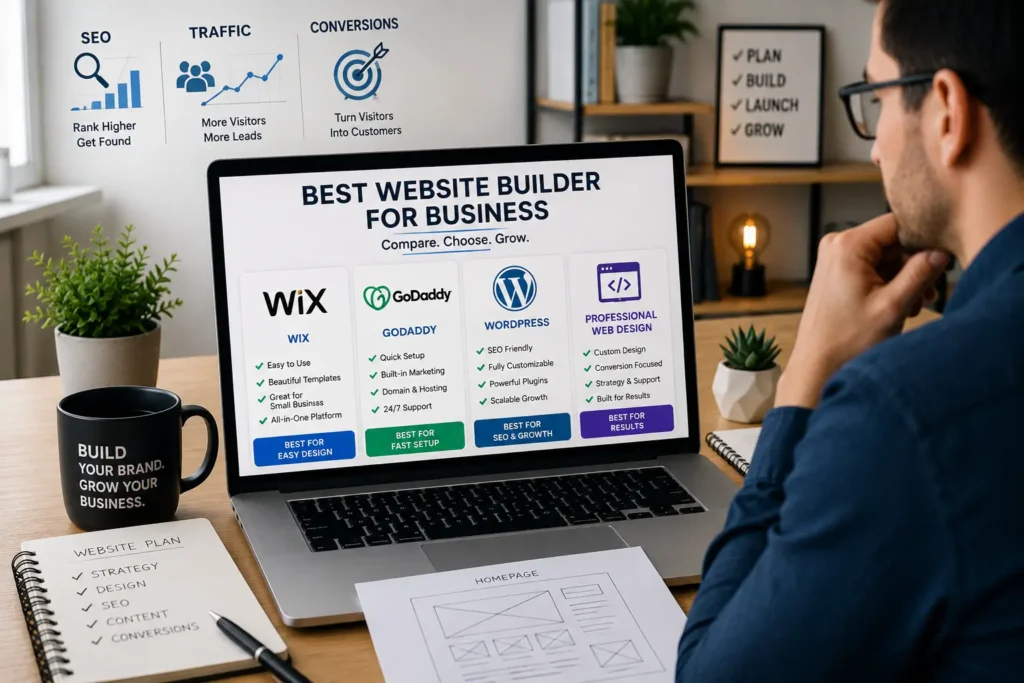 Business owner comparing the best website builder for business, including Wix, GoDaddy, WordPress, and professional web design