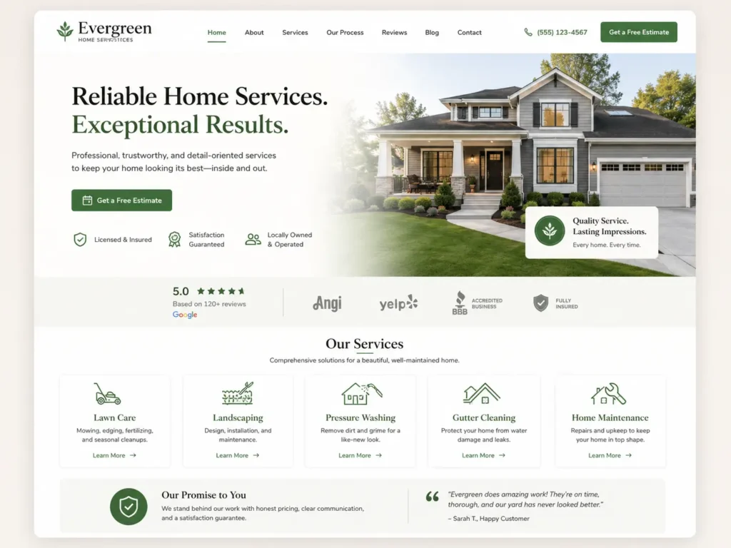 Branded homepage layout for a service business website with logo, headline, service cards, trust badges, and clear call-to-action button.