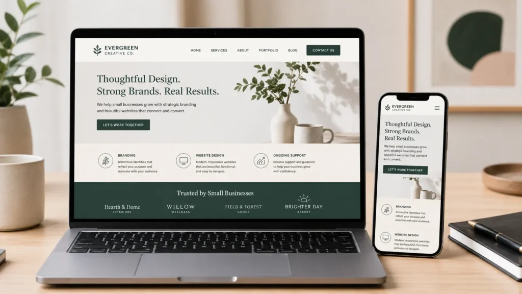 Branding for small business website displayed on a laptop and phone with consistent colors, clear service message, and professional web design layout.