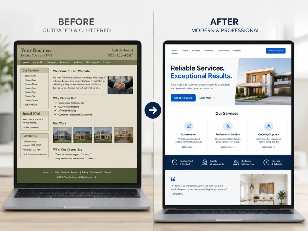 Before and after business website makeover showing an outdated homepage redesigned into a modern professional website that builds trust and attracts more leads.