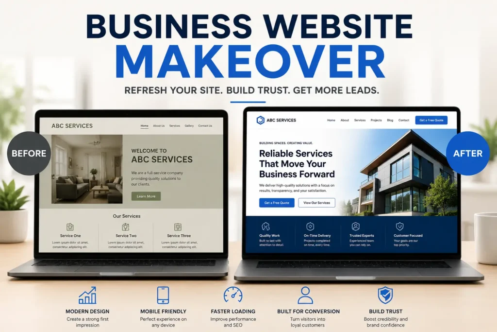 Before and after business website makeover showing an outdated website redesigned into a modern, mobile-friendly site built to gain trust and more leads.