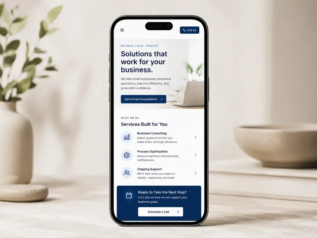 Mobile website mockup for a business website makeover showing a clean homepage, visible call button, simple navigation, and modern web design.