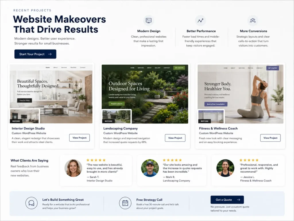 Portfolio grid for a business website makeover showing website project previews, client testimonials, and call-to-action buttons for web design leads.