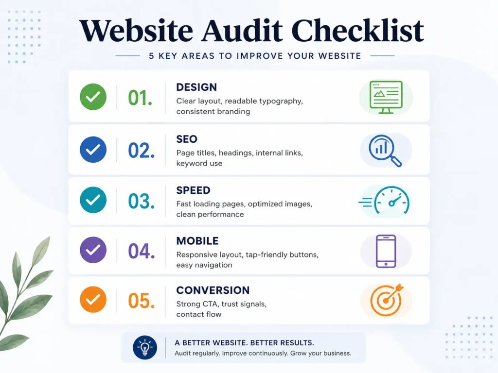 Website audit checklist for a business website makeover showing design, SEO, speed, mobile experience, and conversion improvements.
