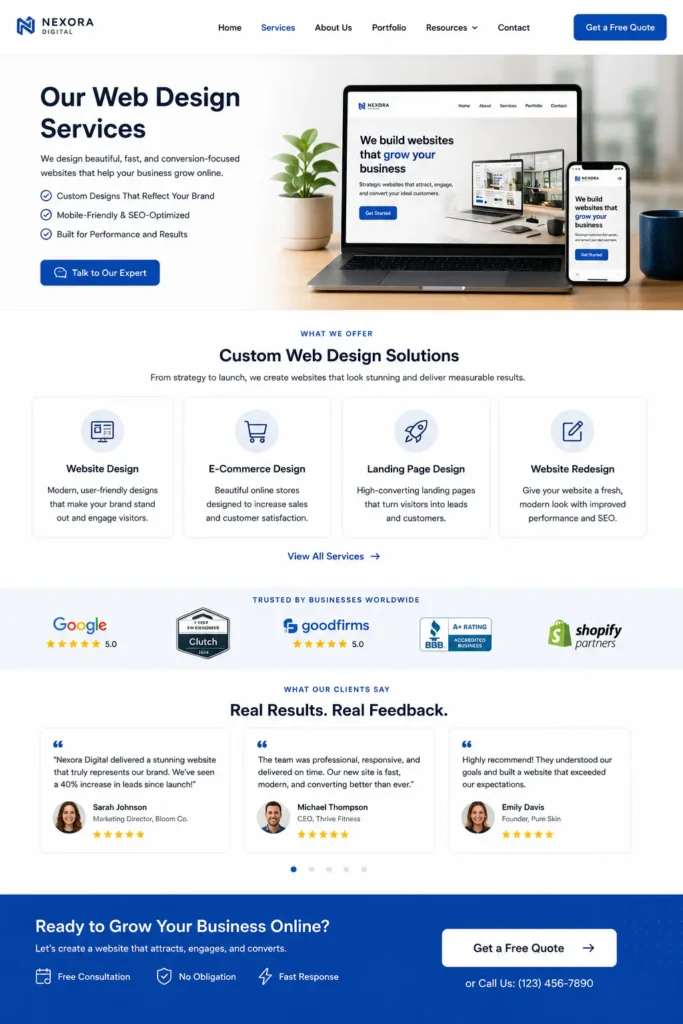 Clean service page layout with trust badges, client testimonials, and a contact button designed by a professional web designer for business growth.