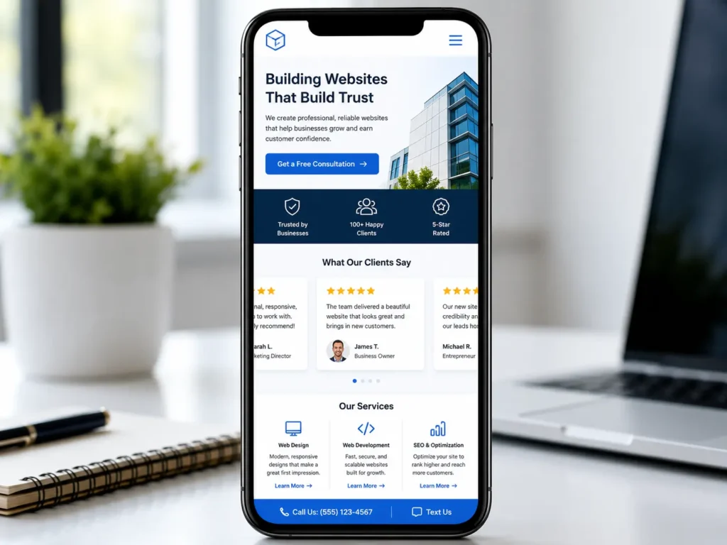 Mobile website layout with clear buttons, customer reviews, and service sections designed to create a credible business website for small businesses.
