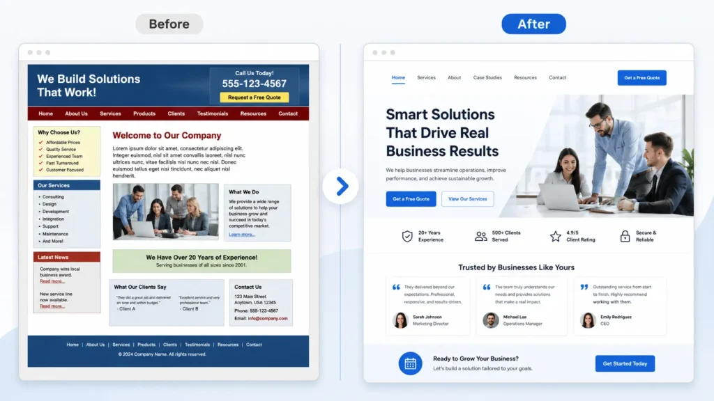 Before and after website redesign showing how improved layout, trust signals, and modern web design create a more credible business website.