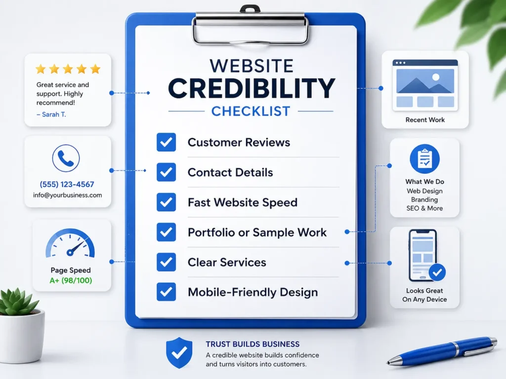 Website credibility checklist showing trust signals like customer reviews, contact details, fast speed, mobile-friendly design, and portfolio work.