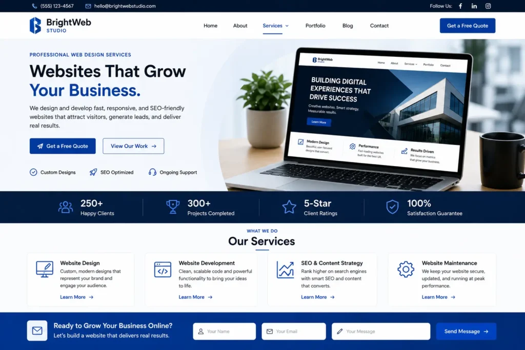 Custom WordPress service page layout with call-to-action sections, website design services, SEO optimization, client trust indicators, and contact form.