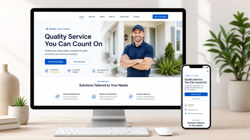 Clean custom wordpress website homepage mockup shown on desktop and mobile for a small business service website.
