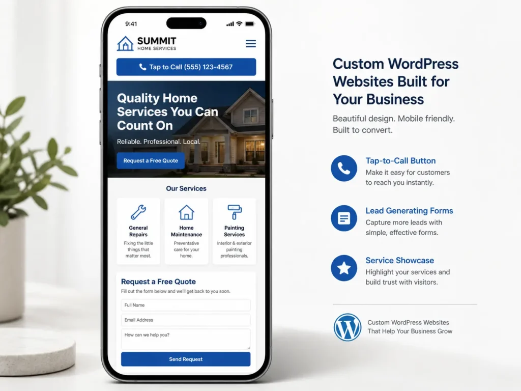 Mobile preview of a custom WordPress website with tap-to-call button, service section, and contact form for lead generation.