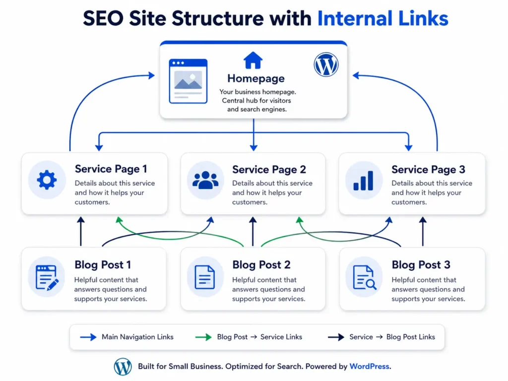SEO site structure graphic for a custom WordPress website showing homepage, service pages, blog posts, and internal links.