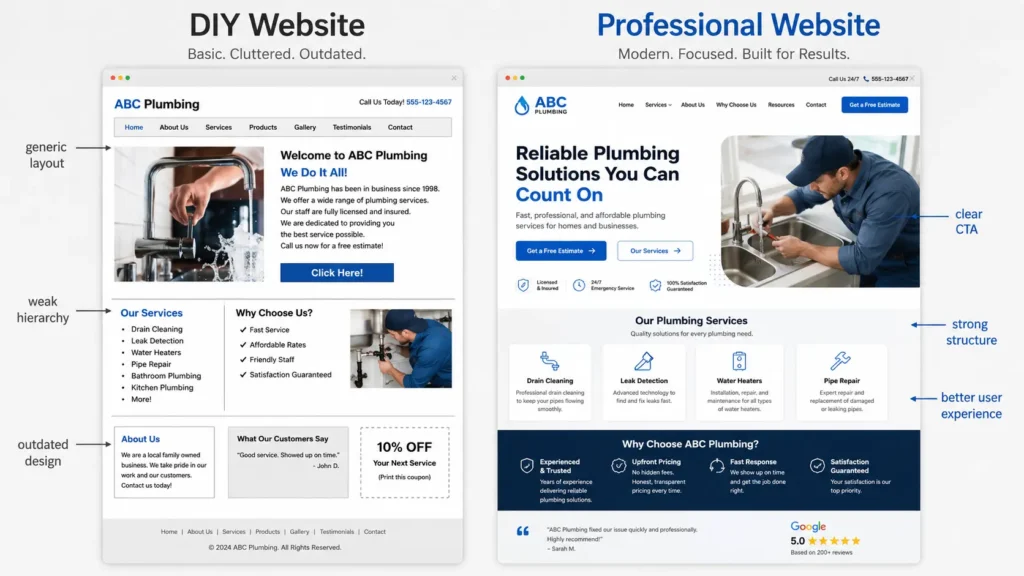 DIY website compared with a professional business website showing cleaner structure, clear call to action, modern layout, and better user experience.