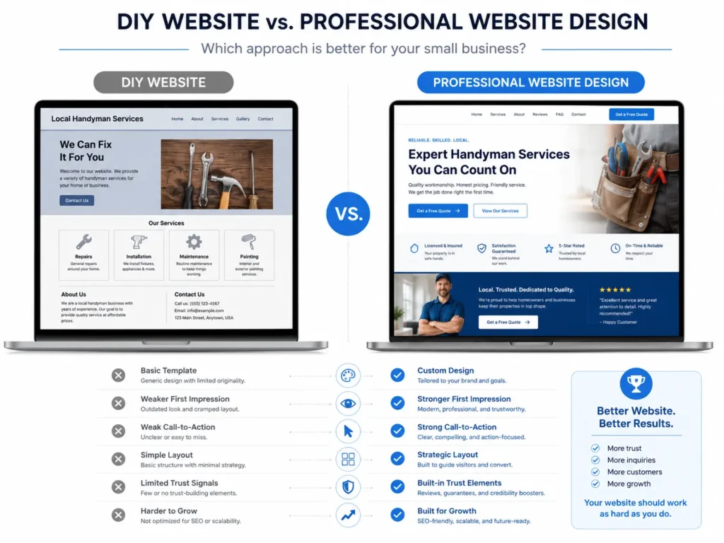 DIY website vs professional website design comparison showing how a professional small business wordpress site can improve trust, layout, calls to action, and lead generation.