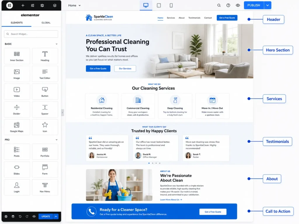 Clean Elementor editing screen with labeled website sections for elementor website design including header, hero section, services, testimonials, about, and call to action.