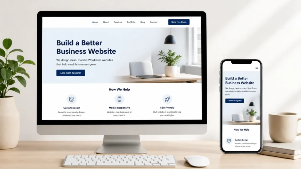 Clean elementor website design mockup on desktop and mobile showing a modern WordPress business website with responsive layout and clear call to action.
