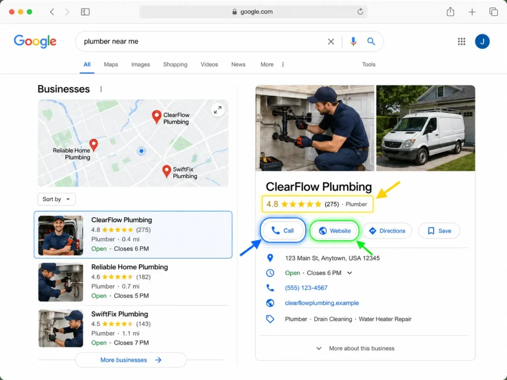 Google-style local search result showing calls, reviews, and website buttons for online website help for small business owners.