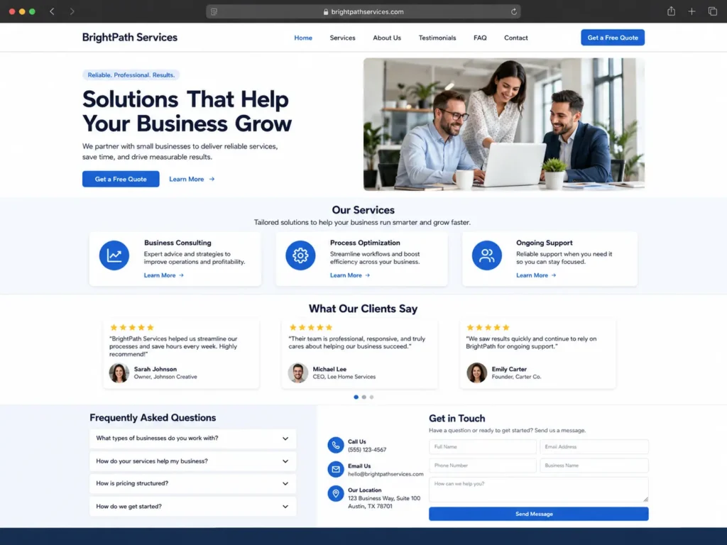High converting homepage layout sections showing hero area, services, testimonials, FAQ, and contact form.