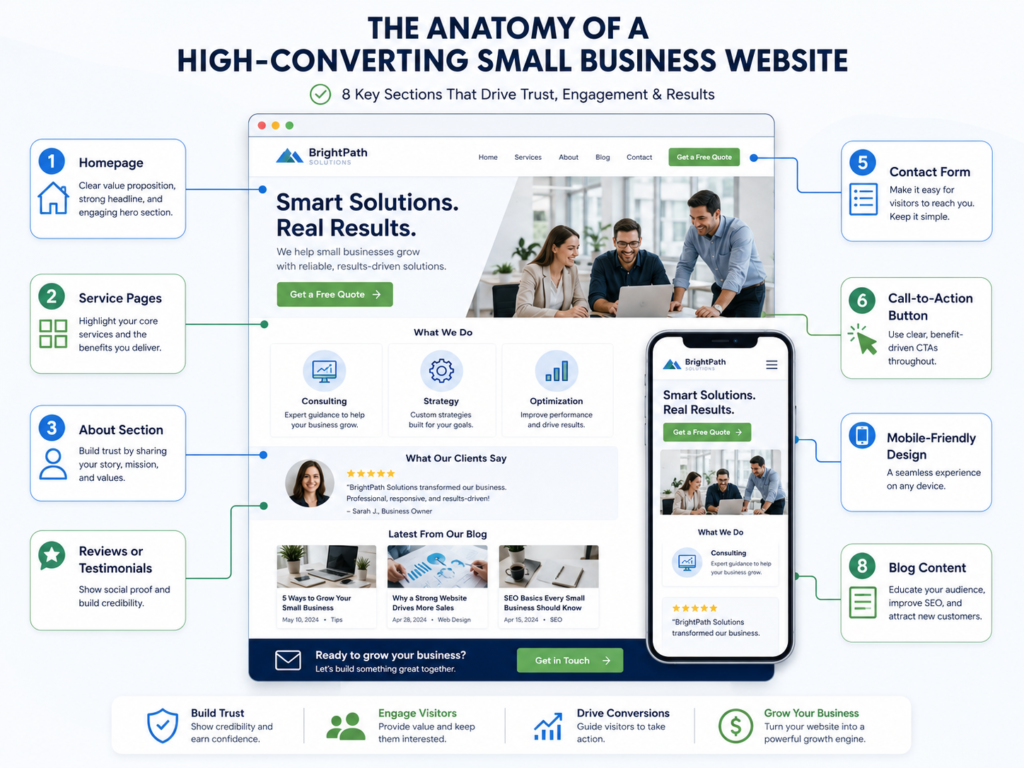 Small business website layout showing homepage, service pages, reviews, contact form, calls to action, mobile-friendly design, and blog content.