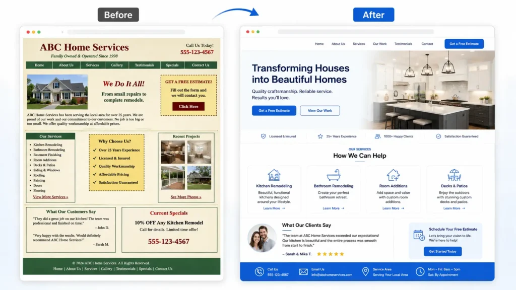 Before and after website redesign layout showing how to hire remote web designer for a modern small business website that builds trust, improves SEO, and gets more leads.