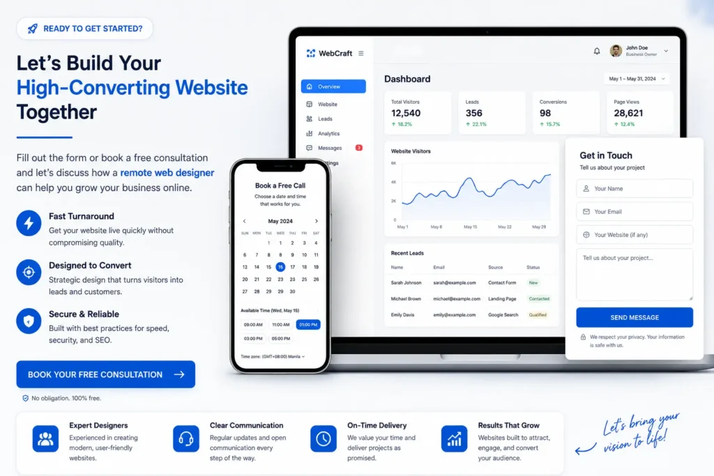 Final CTA image for hire remote web designer showing a clean website dashboard, contact form, booking calendar, and consultation button for small business leads.