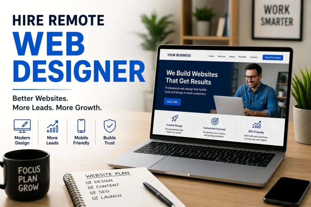 Featured image for hire remote web designer guide showing a laptop with a professional small business website design, highlighting more leads, mobile-friendly layout, SEO, and trust.