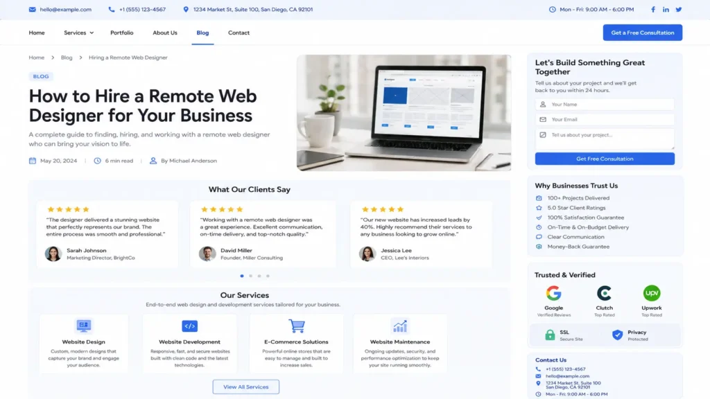 Website trust elements for a hire remote web designer guide showing testimonials, service cards, contact details, trust badges, and consultation form.