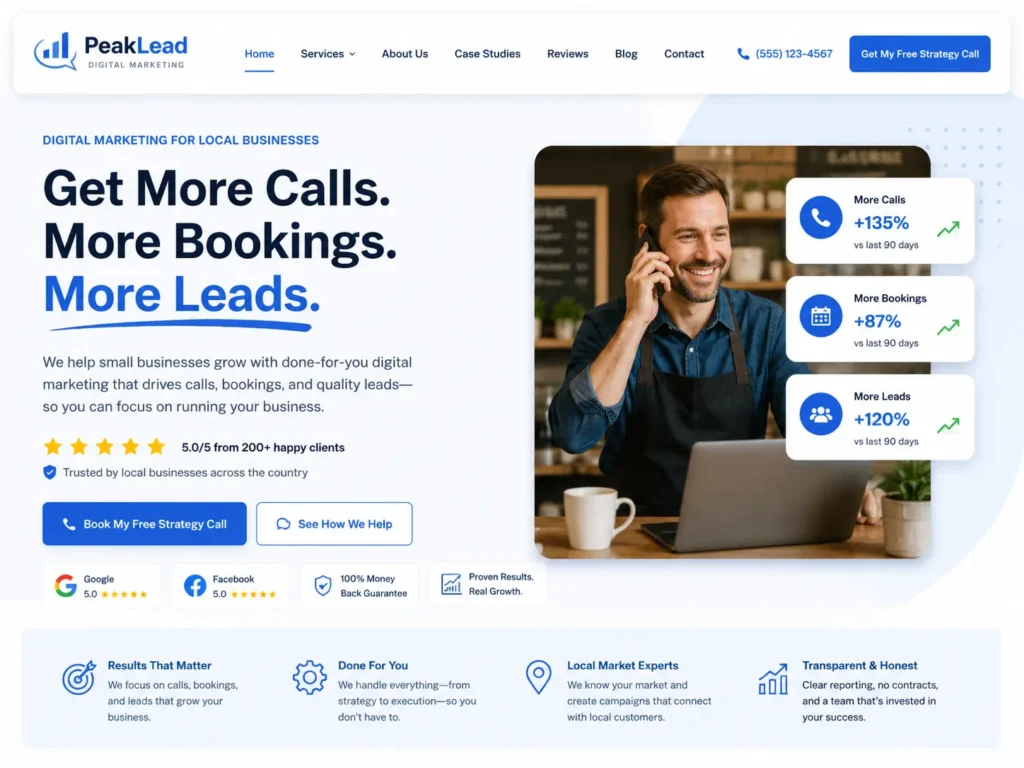 Homepage hero section mockup for a website planning checklist for small business with service summary, review stars, lead metrics, and call-to-action buttons.