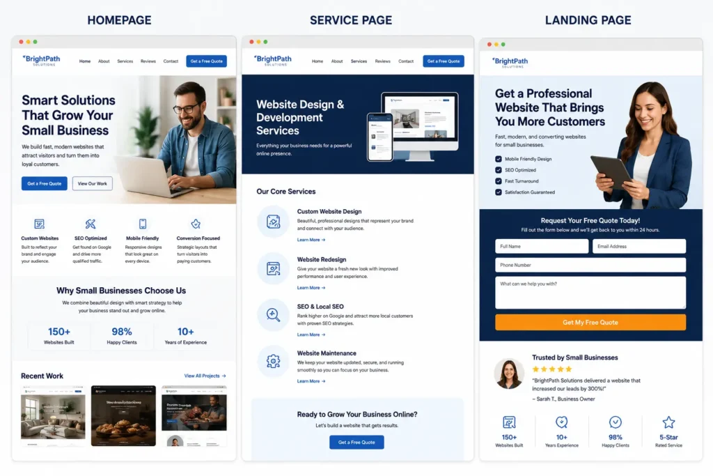 Homepage, service page, and landing page examples for online website help for small business owners.
