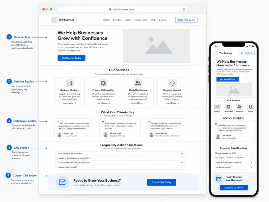 Homepage wireframe showing hero section, services, testimonials, FAQ, and contact call to action for a small business website.
