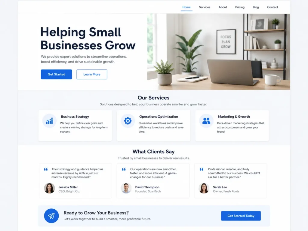 Homepage wireframe created by a remote web designer for small business with service blocks, testimonials, and call-to-action buttons for leads.