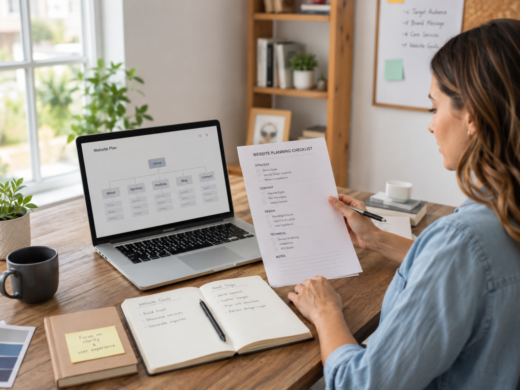 Small business owner reviewing a website planning checklist for how to prepare for a website project before hiring a web designer.