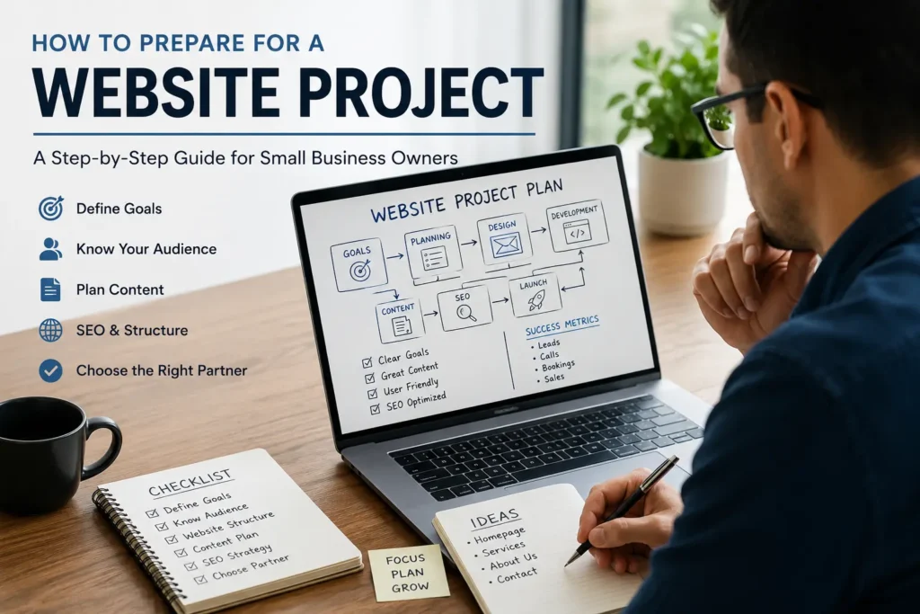 Small business owner planning a website project with a laptop, checklist, goals, content strategy, SEO structure, and launch plan.