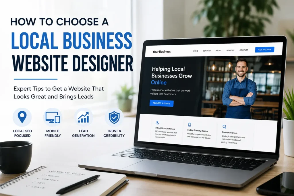 Featured image showing a local business website designer concept with a laptop mockup, local SEO icons, mobile-friendly design, and lead generation tips.