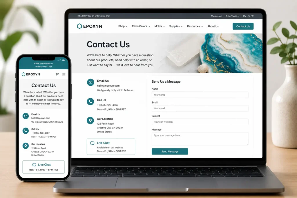 Mobile-friendly contact page preview for a small business wordpress site shown on phone and laptop with contact form, phone number, service area, and quote button.