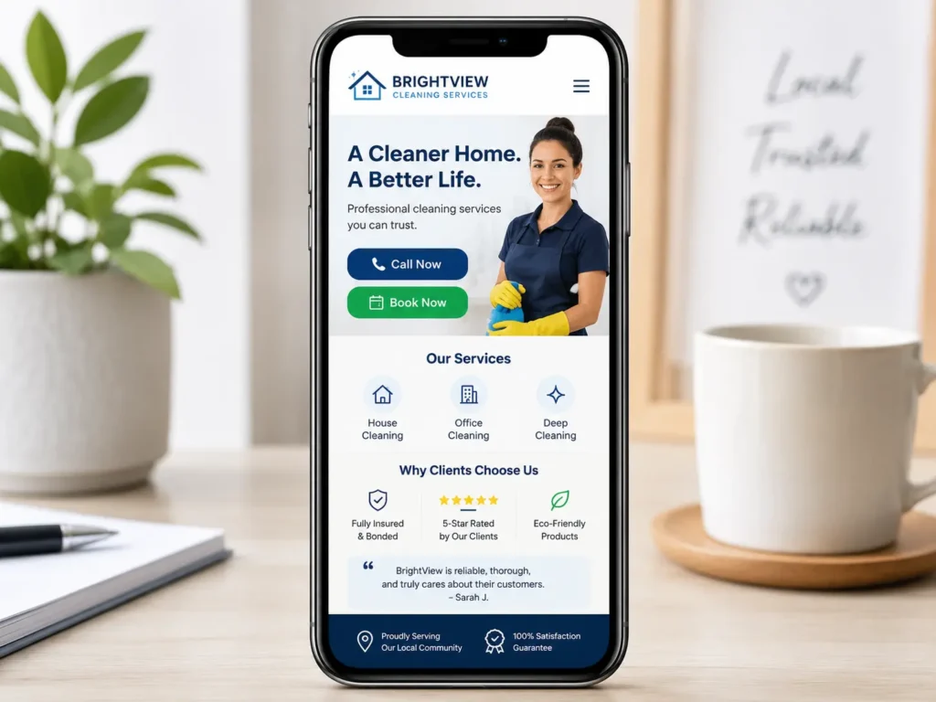 Mobile friendly small business website design showing call and booking buttons to help visitors take action during a website project.