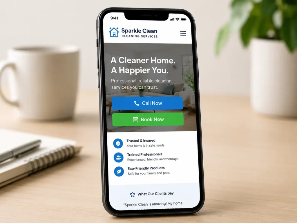 Mobile-friendly small business website on a phone with clear call now and book now buttons to help visitors contact and schedule services.