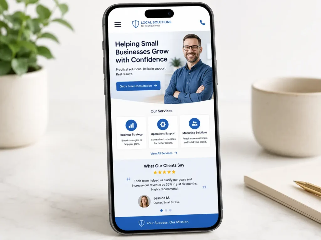 Mobile website mockup showing a clear headline, call-to-action button, service section, and testimonial block for a small business website.