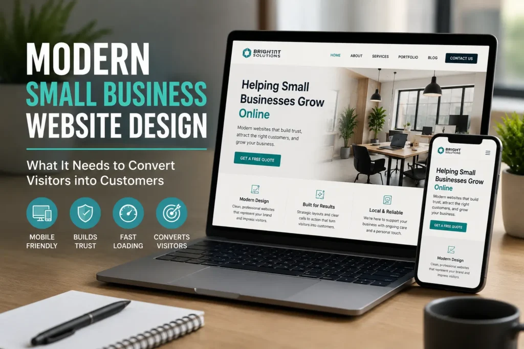 Modern small business website design shown on laptop and mobile screens with icons for mobile friendly, trust, fast loading, and visitor conversion