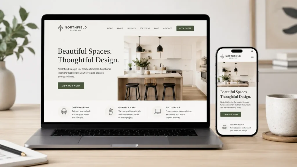Modern small business website displayed on desktop and mobile screens with clean layout, simple navigation, and clear call to action.
