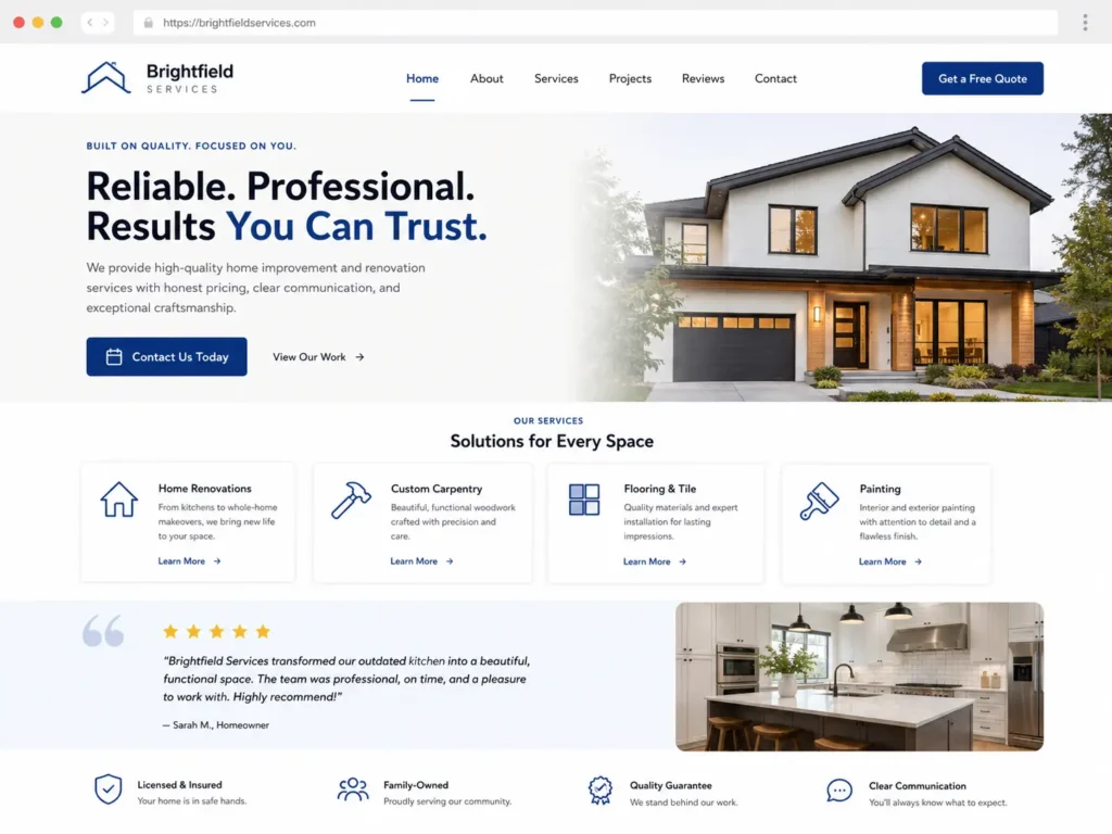 Modern small business website homepage section with headline, service cards, customer review block, and contact button for lead generation.
