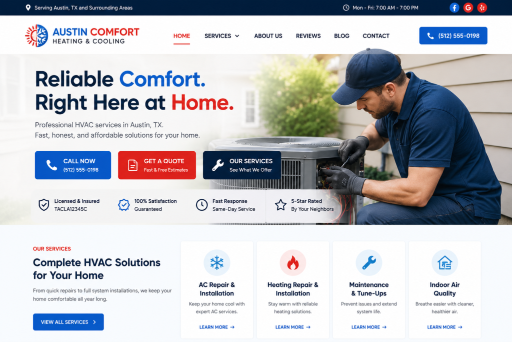 Clean local business homepage screenshot with call, quote, and service buttons designed by a web designer for local business conversions.