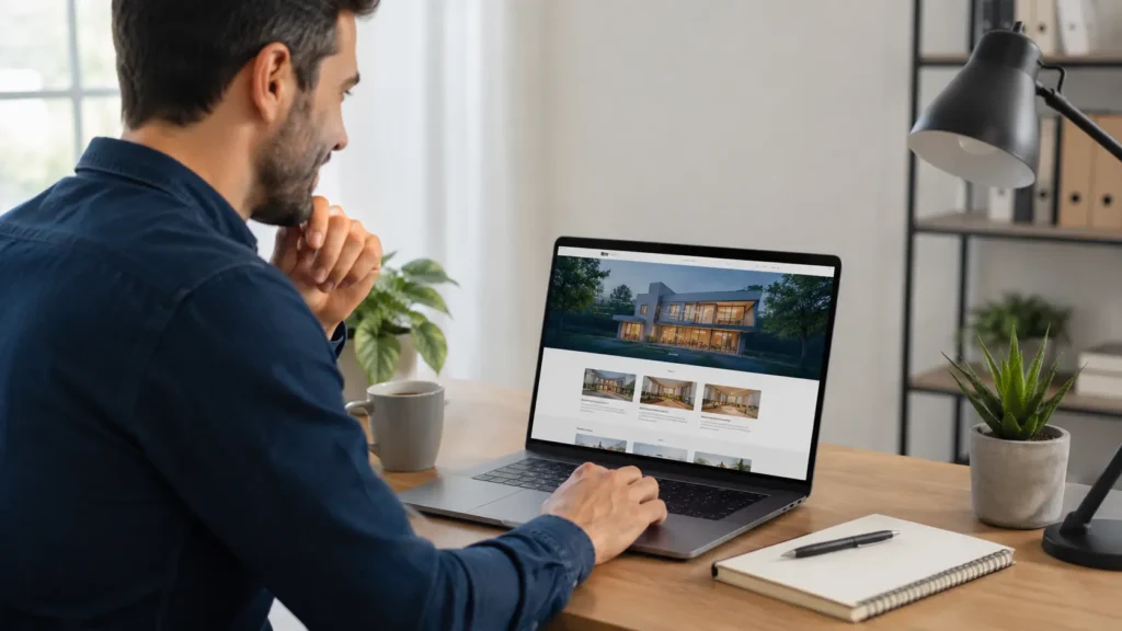 Online web designer for small business reviewing a professional website mockup on a laptop to improve trust, leads, and bookings.