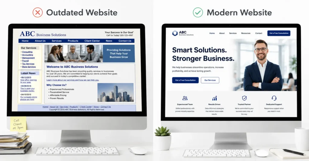 Side-by-side comparison of an outdated website and a modern website created by a professional web designer for business growth.
