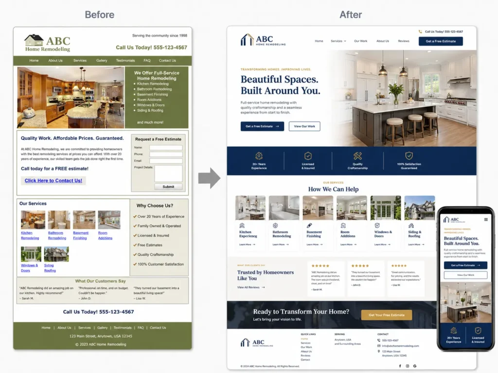 Before and after website redesign by an outsourced web designer for small business showing a modern, mobile-friendly layout.